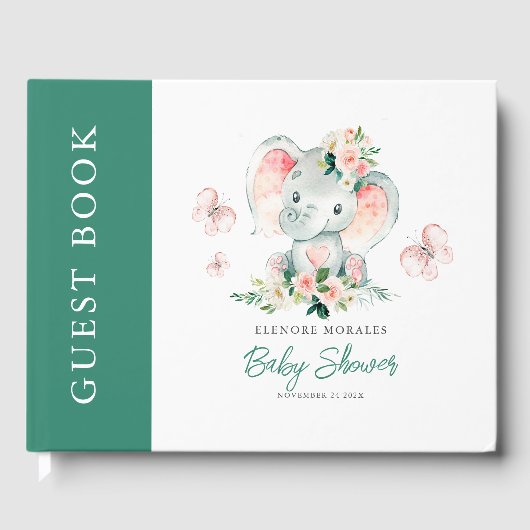 Groen Roze Schattige Bloemen Olifant Lijst Baby sh Gastenboek (Voorkant)