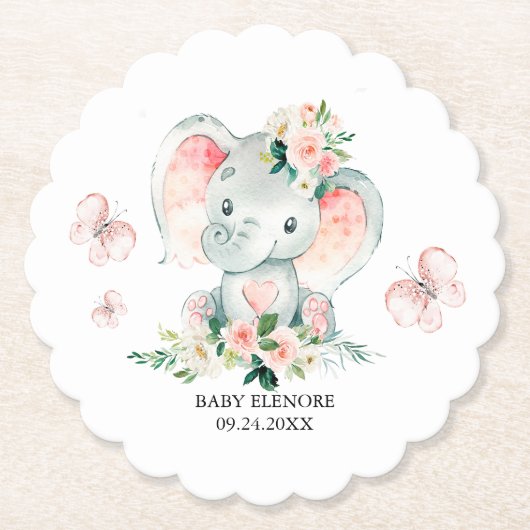 Groen Roze Schattige Bloemen Olifant Lijst Baby sh Kartonnen Onderzetters (Voorkant)