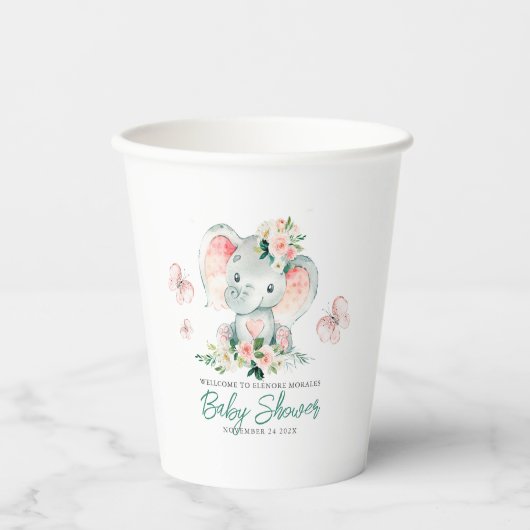 Groen Roze Schattige Bloemen Olifant Lijst Baby sh Papieren Bekers (Voorkant)