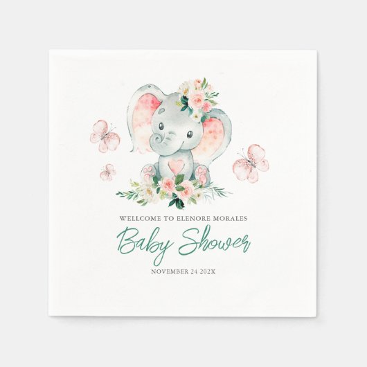 Groen Roze Schattige Bloemen Olifant Lijst Baby sh Servet (Voorkant)