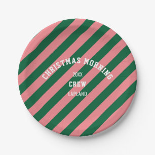 Groen Roze Snoep Stripe Christmas Morning Crew Papieren Bordje