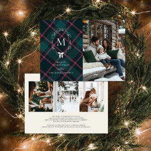 Groen & Roze Tartan Coquette Strik Monogram Feestdagenkaart