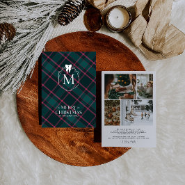 Groen & Roze Tartan | Coquette Strik Monogram Foto Feestdagenkaart