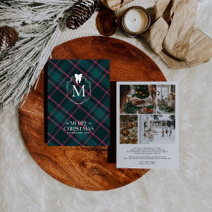 Groen & Roze Tartan Coquette Strik Monogram Foto Feestdagenkaart