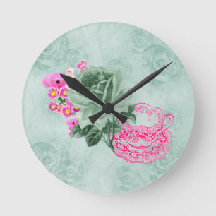 Groen&Roze  Teacup&Flowers Ronde Wandklok