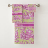 groen roze toile de jouy bedrukt bad handdoek (Insitu)