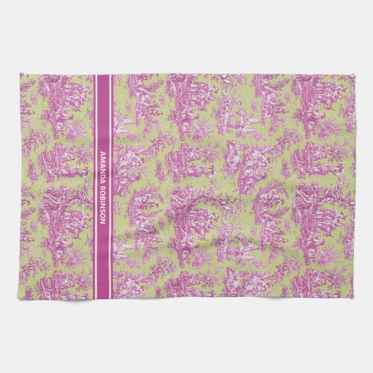  groen roze toile de jouy bedrukt theedoek (Horizontaal)