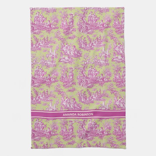  groen roze toile de jouy bedrukt theedoek (Verticaal)