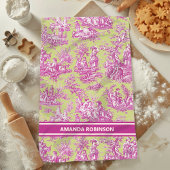  groen roze toile de jouy bedrukt theedoek