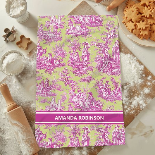 groen roze toile de jouy bedrukt theedoek