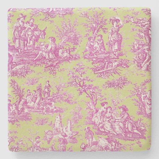  groen roze Toile de Jouy patroon Stenen Onderzetter (Voorkant)