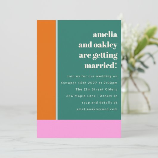 Groen Roze Trendy Geometrische Bruiloft Website Kaart (Staand voorkant)