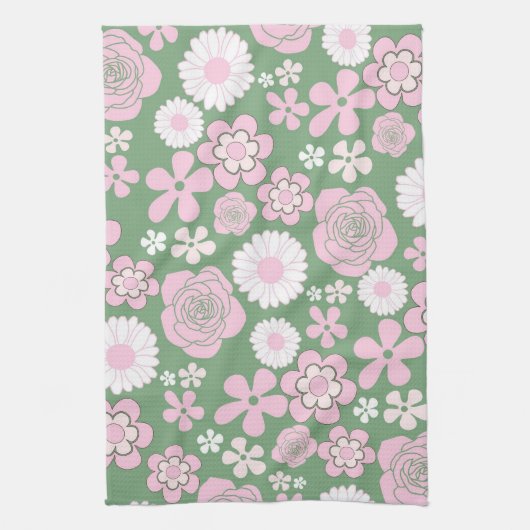 Groen Roze Tropische Bloemen Botanische Lente Zome Theedoek (Verticaal)