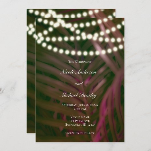 Groen roze tropische palmbladeren en lightbruiloft kaart (Voorkant / Achterkant)