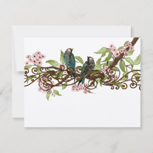 Groen Roze Vintage Vogels Trouw RSVP Kaartje