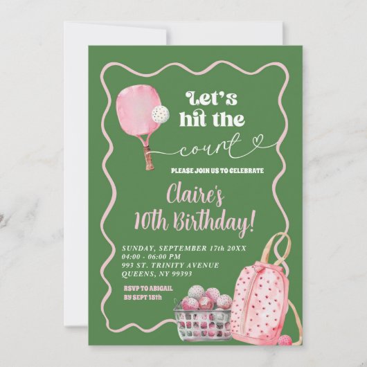 Groen Roze Wavy Retro Pickleball Verjaardag Kaart (Voorkant)