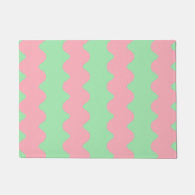 Groen Roze Wavy Stripe Minimalistische Moderne Ing Deurmat (Voorkant)