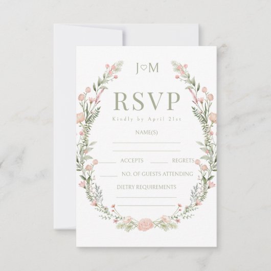Groen roze wilde bloem bloemenbruiloft RSVP kaarte (Voorkant)