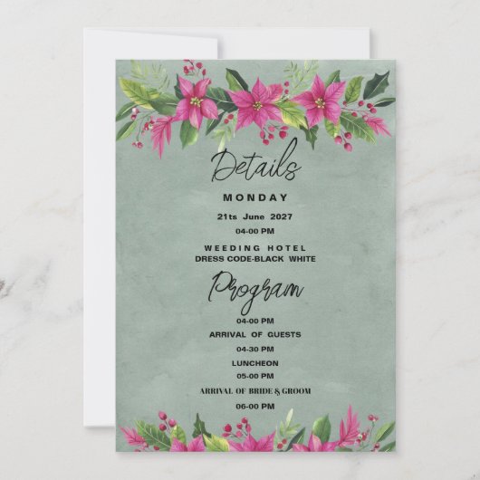 Groen roze winter bloemen Kerstmis Details Program Kaart (Voorkant)
