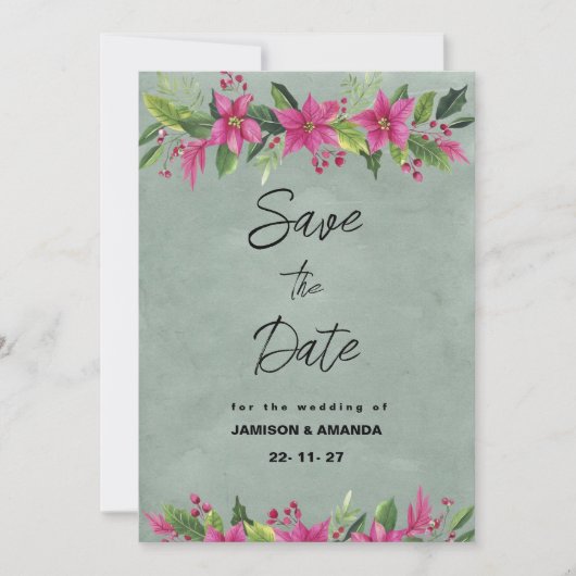 Groen roze winter bloemenkerst Save The Date Kaart (Voorkant)