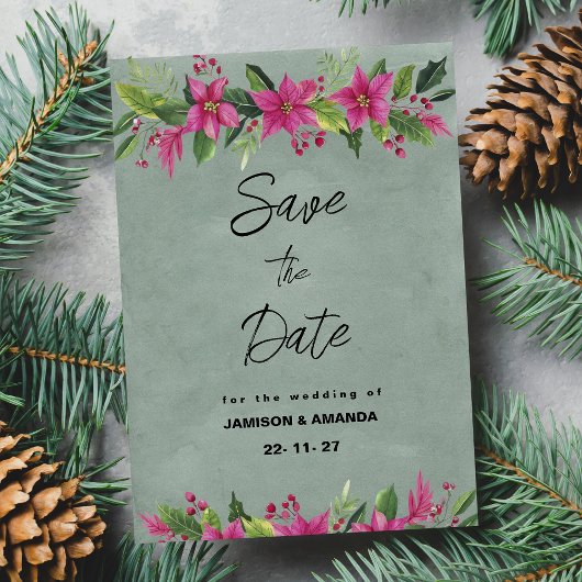 Groen roze winter bloemenkerst Save The Date Kaart