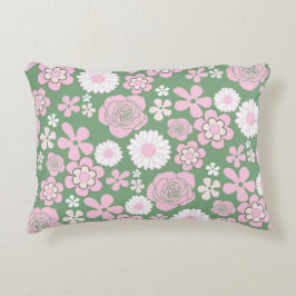 Groen Roze Wit Retro Y2K 70s Bloempatroon Accent Kussen