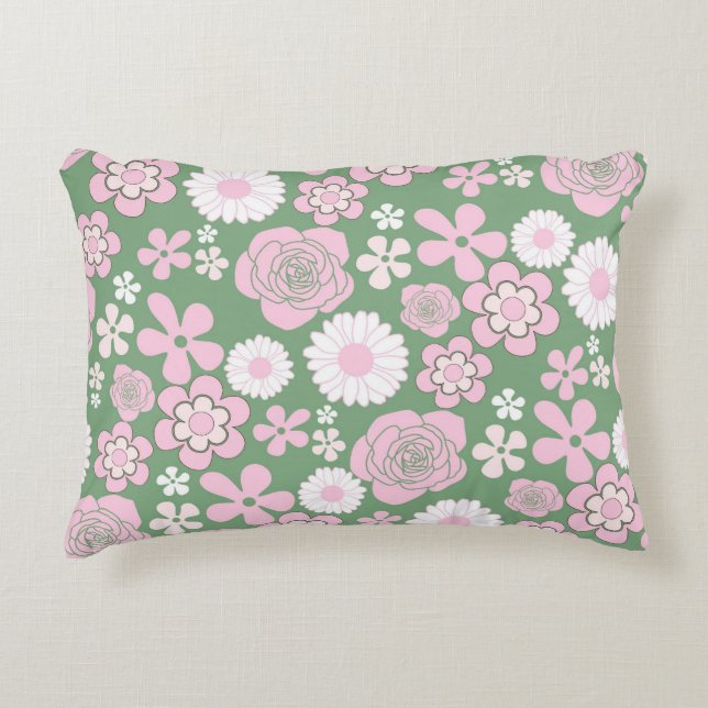 Groen Roze Wit Retro Y2K 70s Bloempatroon Accent Kussen (Voorkant)