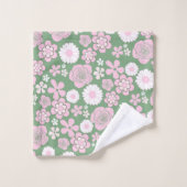 Groen Roze Wit Retro Y2K 70s Bloempatroon Bad Handdoek (Wasdoekje)