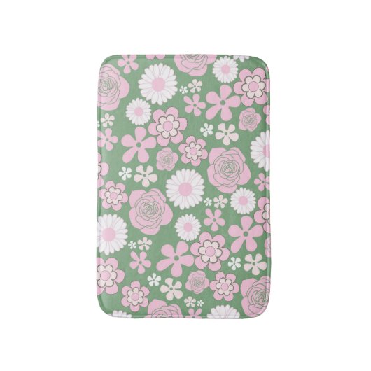Groen Roze Wit Retro Y2K 70s Bloempatroon Badmat (Voorkant Verticaal)