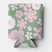 Groen Roze Wit Retro Y2K 70s Bloempatroon Blikjeskoeler (Voorkant)