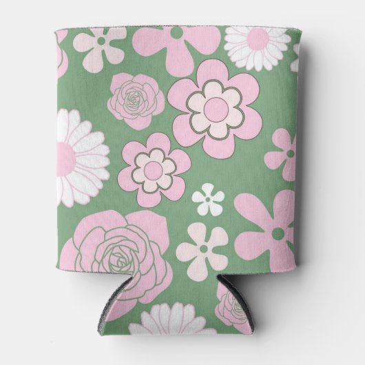 Groen Roze Wit Retro Y2K 70s Bloempatroon Blikjeskoeler (Voorkant)