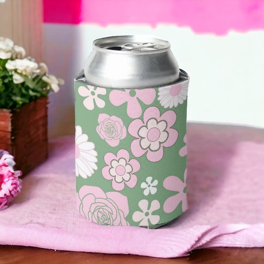 Groen Roze Wit Retro Y2K 70s Bloempatroon Blikjeskoeler