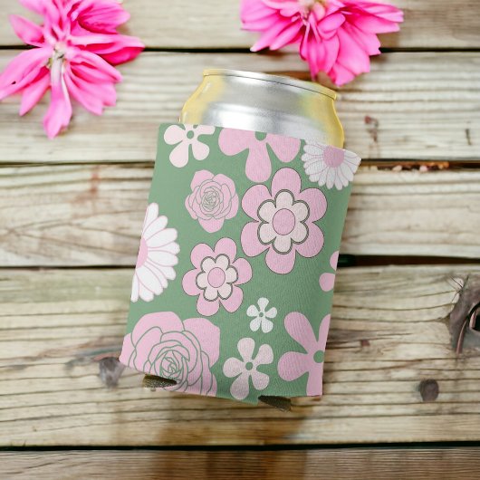 Groen Roze Wit Retro Y2K 70s Bloempatroon Blikjeskoeler