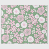Groen Roze Wit Retro Y2K 70s Bloempatroon Cadeaupapier (Vlak)