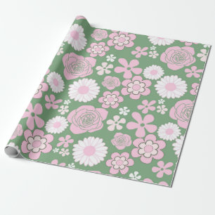Groen Roze Wit Retro Y2K 70s Bloempatroon Cadeaupapier