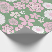 Groen Roze Wit Retro Y2K 70s Bloempatroon Cadeaupapier (Hoek)