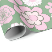 Groen Roze Wit Retro Y2K 70s Bloempatroon Cadeaupapier (Rol Hoek)