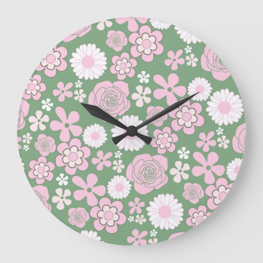 Groen Roze Wit Retro Y2K 70s Bloempatroon Grote Klok (Voorkant)