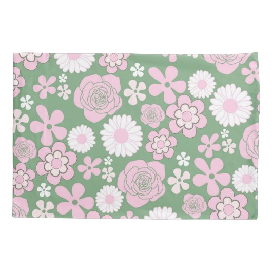 Groen Roze Wit Retro Y2K 70s Bloempatroon Kussensloop (Achterkant)