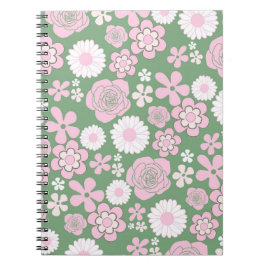 Groen Roze Wit Retro Y2K 70s Bloempatroon Notitieboek