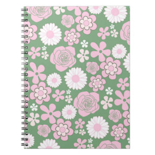 Groen Roze Wit Retro Y2K 70s Bloempatroon Notitieboek