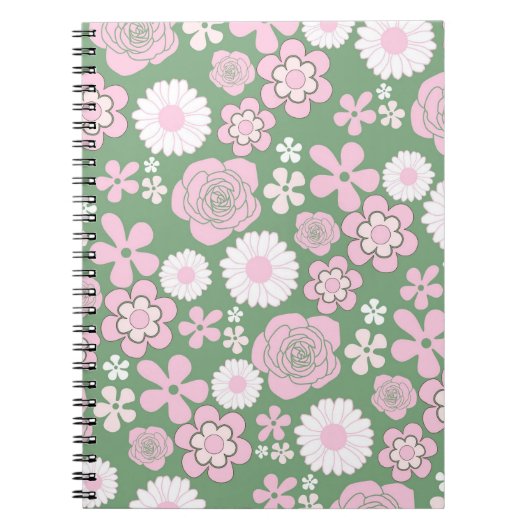 Groen Roze Wit Retro Y2K 70s Bloempatroon Notitieboek (Voorkant)