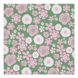 Groen Roze Wit Retro Y2K 70s Bloempatroon Perfect Poster