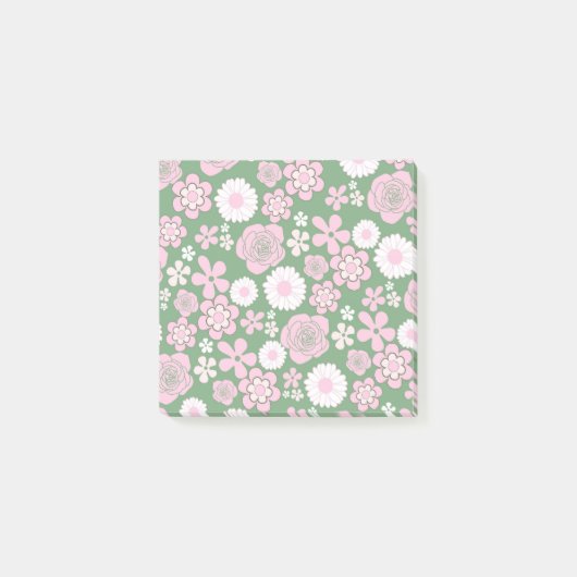 Groen Roze Wit Retro Y2K 70s Bloempatroon Post-it® Notes (Voorkant)