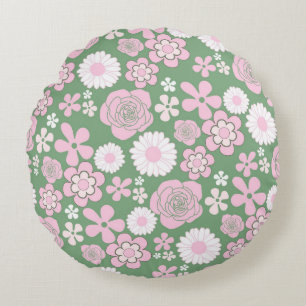 Groen Roze Wit Retro Y2K 70s Bloempatroon Rond Kussen