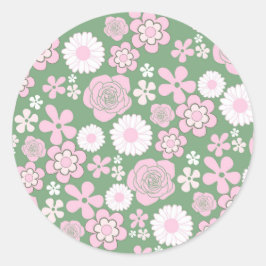 Groen Roze Wit Retro Y2K 70s Bloempatroon Ronde Sticker