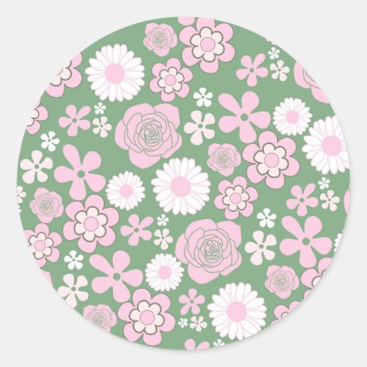 Groen Roze Wit Retro Y2K 70s Bloempatroon Ronde Sticker (Voorkant)