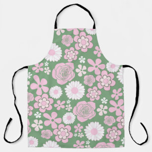 Groen Roze Wit Retro Y2K 70s Bloempatroon Schort