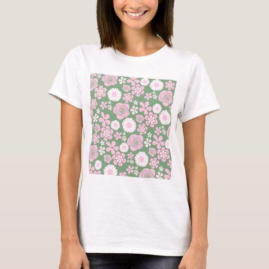 Groen Roze Wit Retro Y2K 70s Bloempatroon T-shirt (Voorkant)