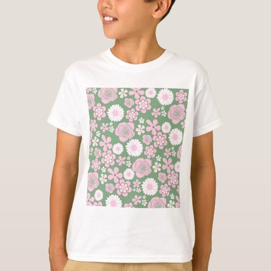 Groen Roze Wit Retro Y2K 70s Bloempatroon T-shirt (Voorkant)